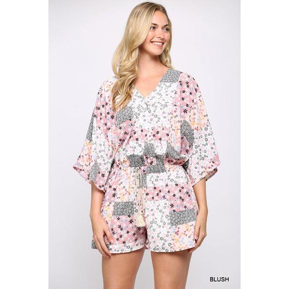 Rachell`s Boutique Pants - Patchwork Printed Surplice Romper With Waist Tassel Tie And Bottom Lining